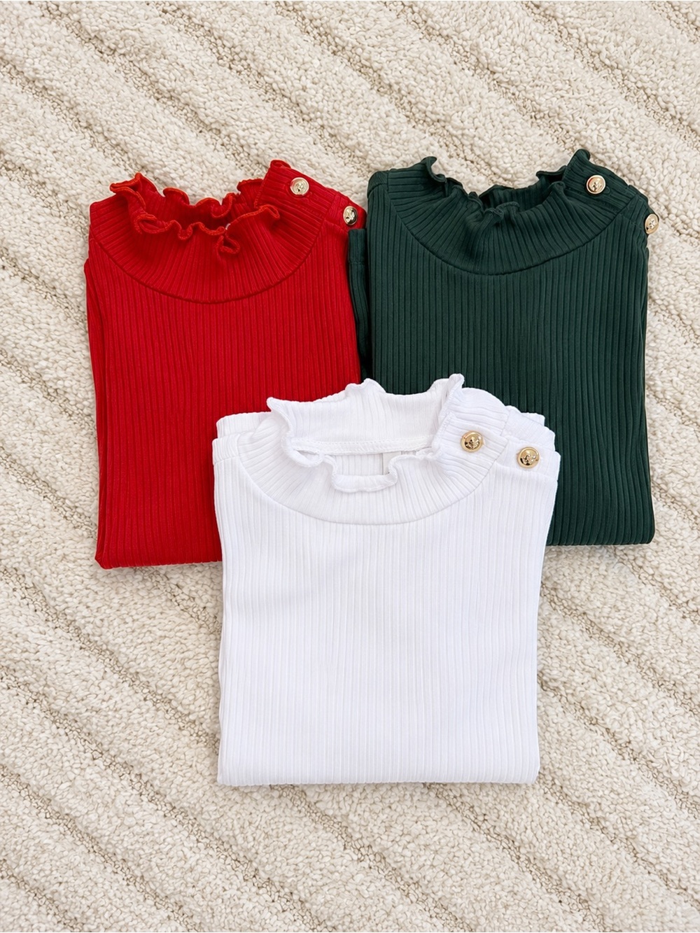 Janie and Jack Ribbed Ruffle Mock Neck Tees in Red, Green, White
